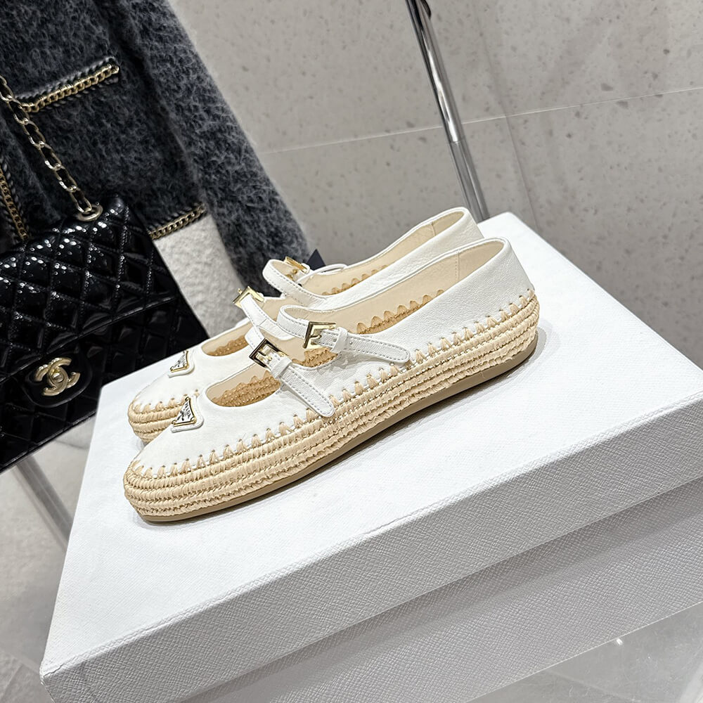 Pra*a Nappa leather and raffia ballerinas