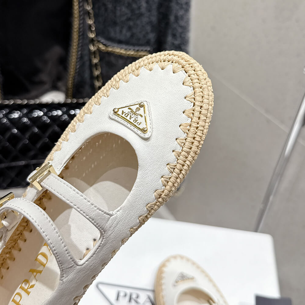 Pra*a Nappa leather and raffia ballerinas