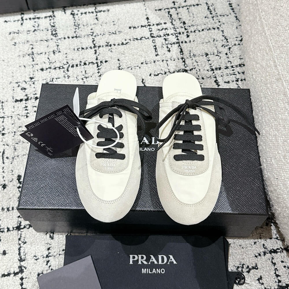 Pra*a Collapse Re-Nylon and suede mules