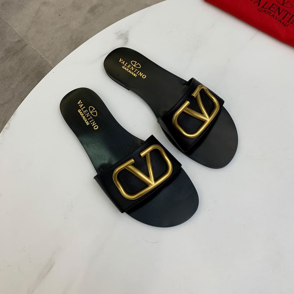 Va1e*ntin0 VLOGO SIGNATURE grained cowhide decorative elements slipper sandals (heel height 0.5 cm)