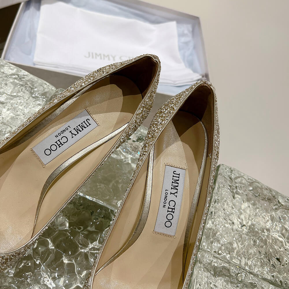J1m*y Ch00 Champagne Coarse Glitter Fabric Pointy Toe Pumps