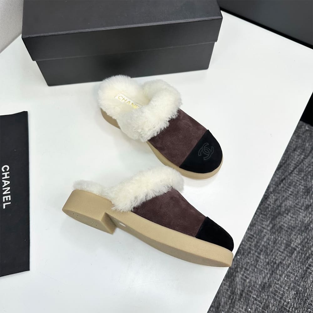 Ch**el Suede Shearling Mules