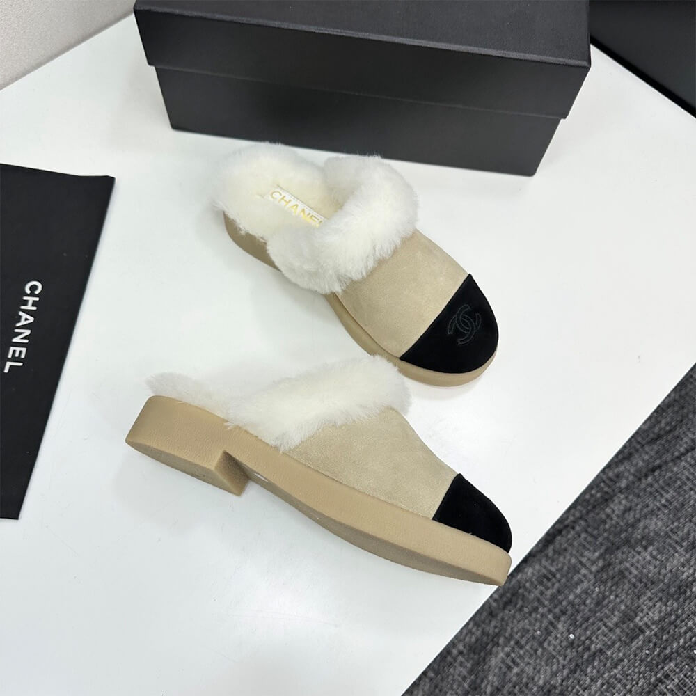 Ch**el Suede Shearling Mules