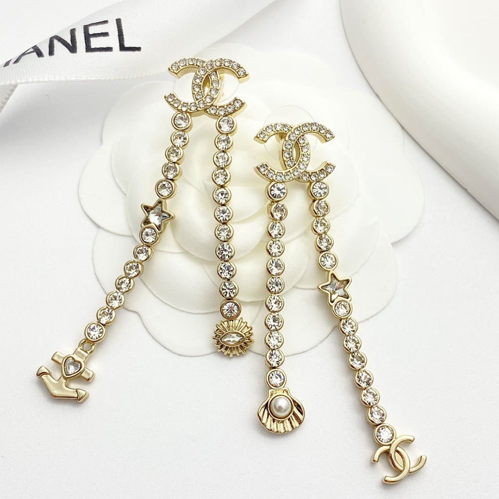 Ch**el Rhinestone Pearl Shell Drop Earrings