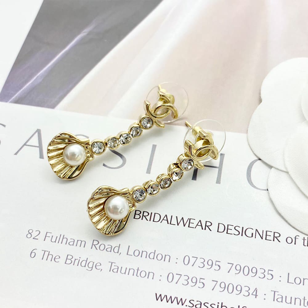 Ch**el Rhinestone Pearl Shell Drop Earrings
