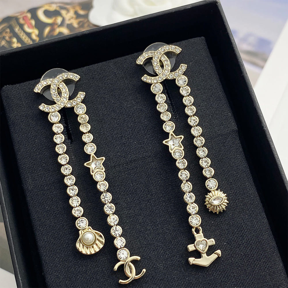 Ch**el Rhinestone Pearl Shell Drop Earrings