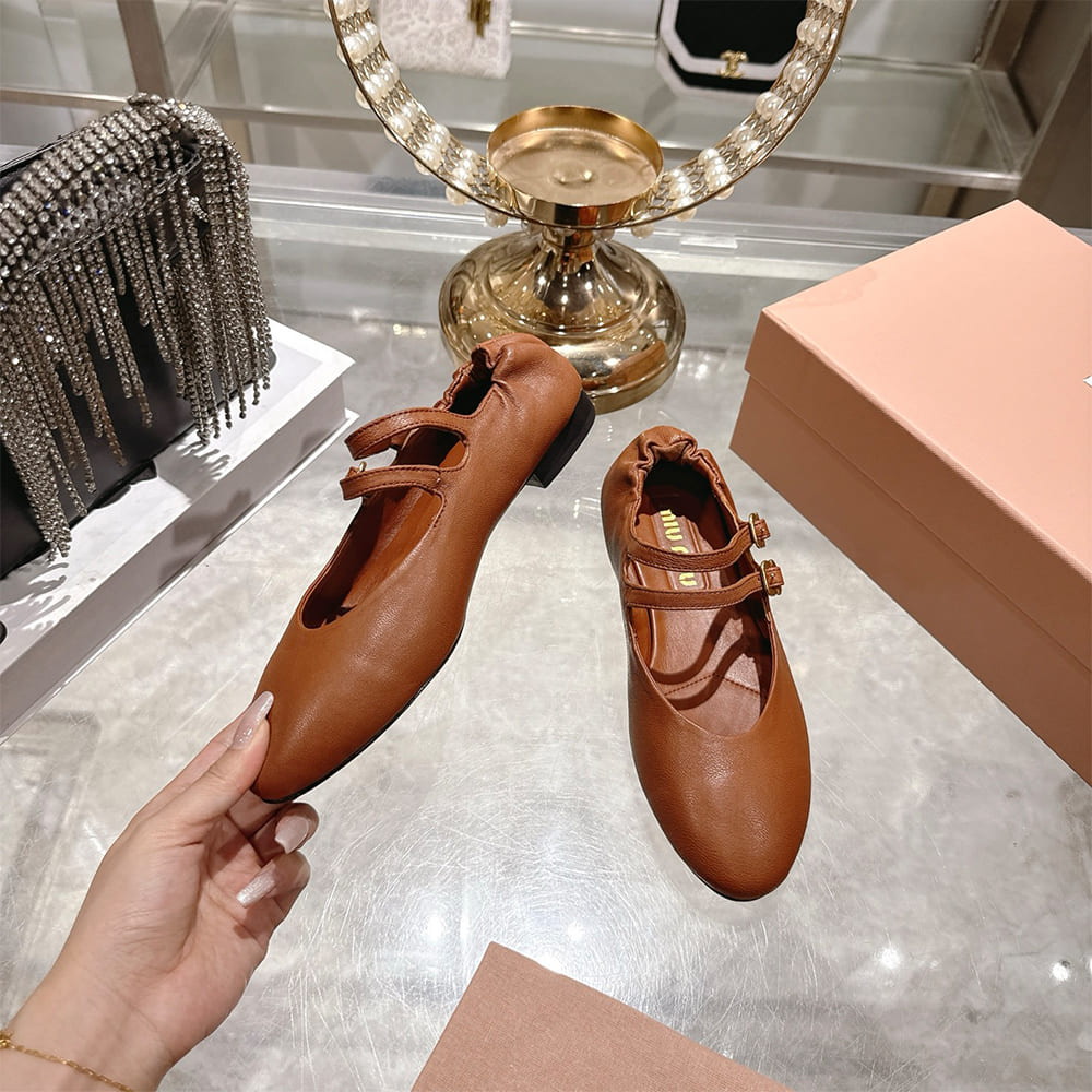 M1um1u Ruched Nappa Leather Ballet Flats (EU SIZE 35-41)