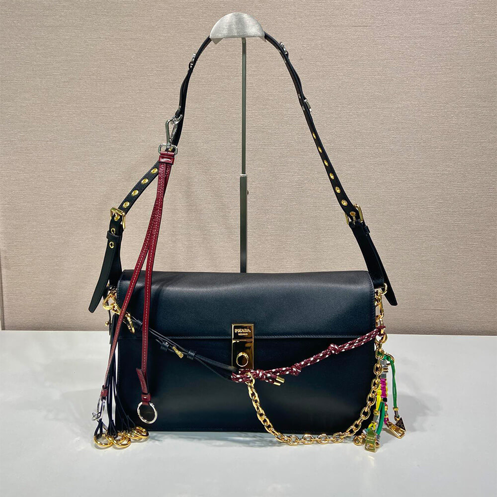 Pra*a Soft Sound large leather shoulder bag with charms(high-end grade)