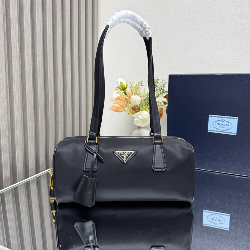 Pra*a Re-Nylon and leather medium top-handle bag with padlock(high-end grade)