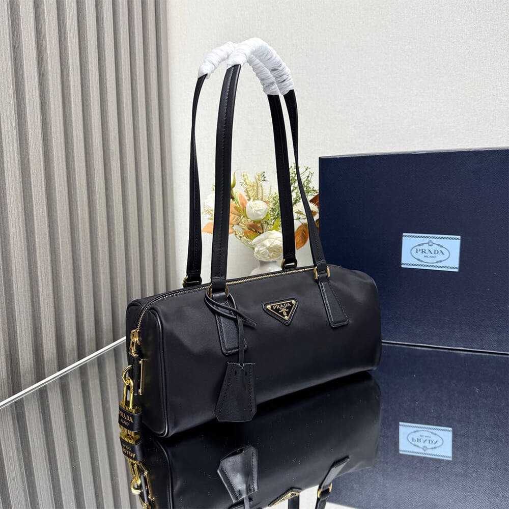 Pra*a Re-Nylon and leather medium top-handle bag with padlock(high-end grade)