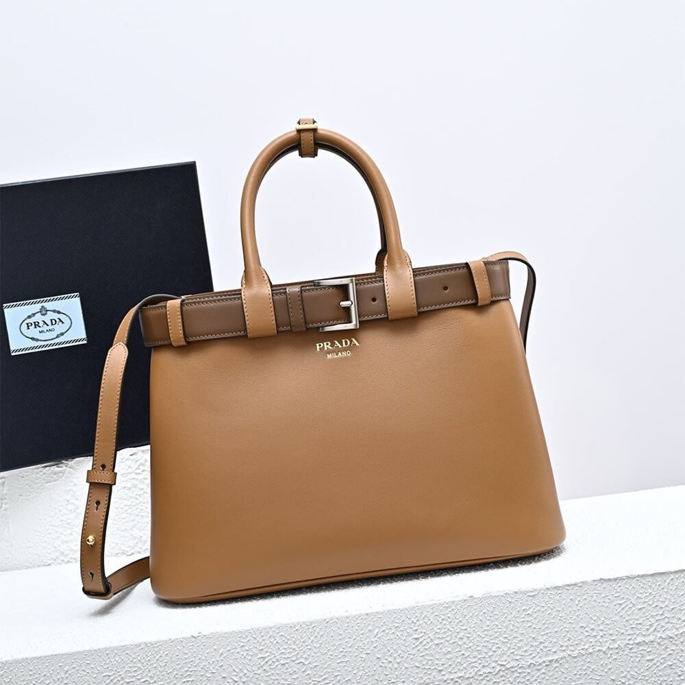 Pra*a Buckle medium leather handbag with double belt(high-end grade)